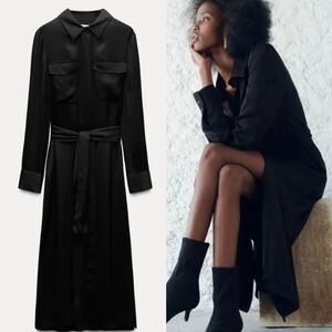 NWT Zara Collection Black Slim Satin Belted Midi Shirtdress